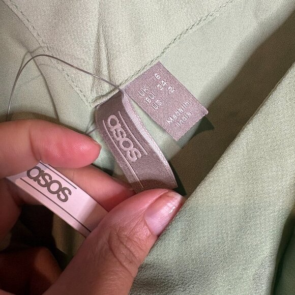 ASOS Design Pleated Cami Maxi Dress Drawstring Waist in Sage Green - Picture 7 of 7